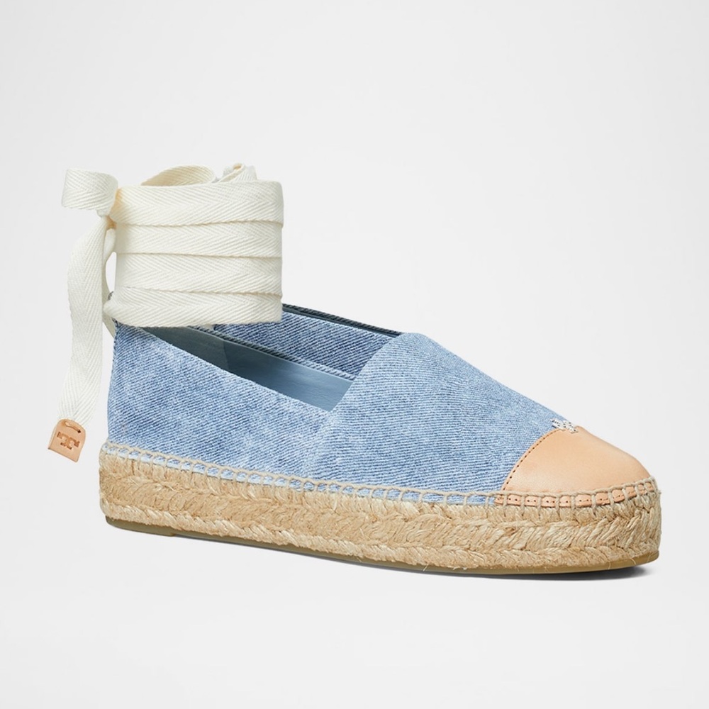 Tory Burch Bi-color Denim Ankle Wrap Cap Toe Espadrilles NWT